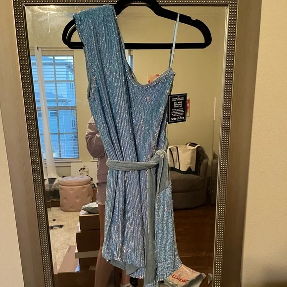 Retrofete One-Shoulder Light Blue Sequin Mini Dress